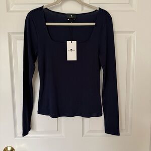 7 For all Mankind Navy Long Sleeve Square Neck Pima Top Size M